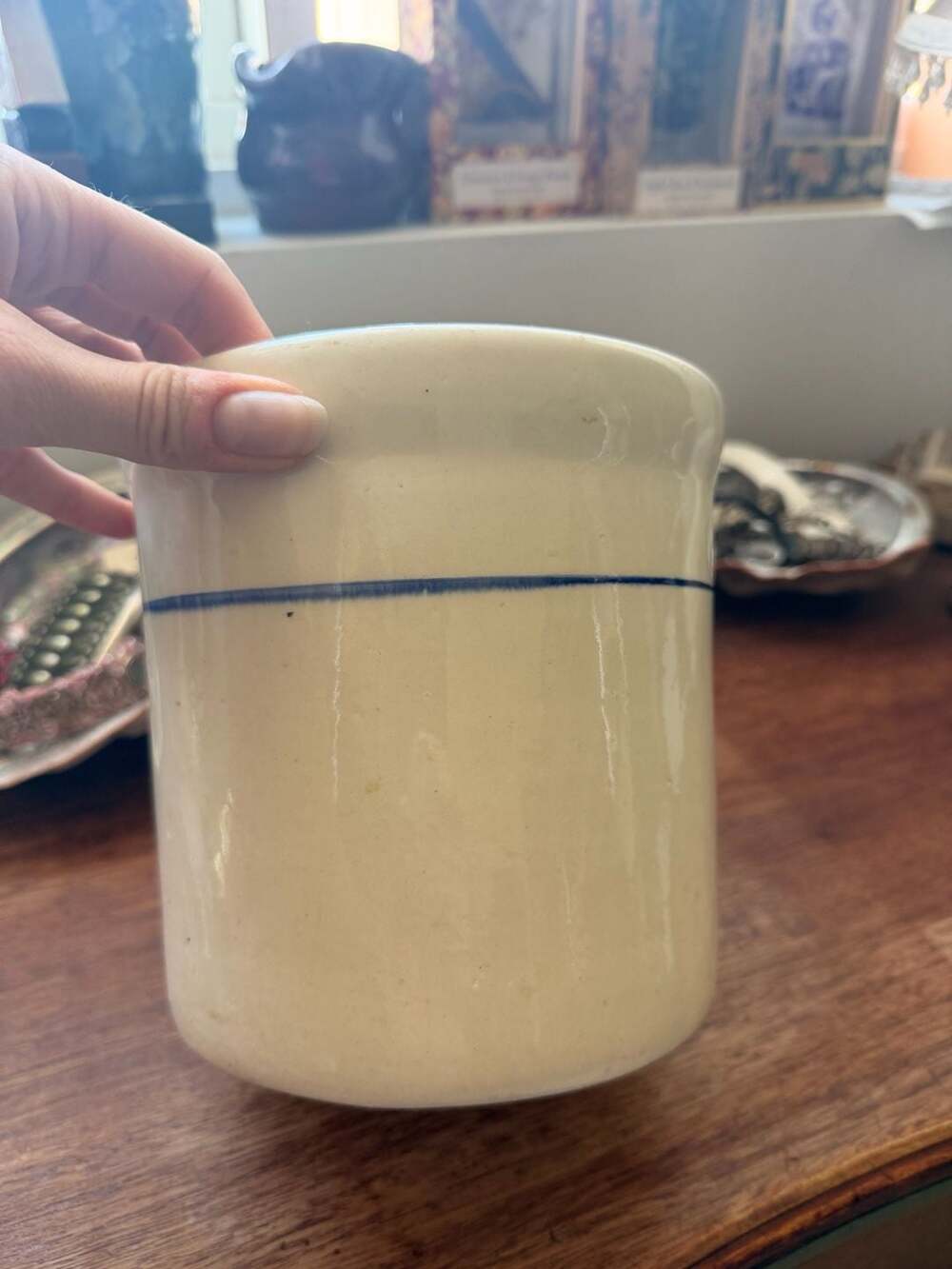 Vintage Stoneware Crock Pot Blue Line Primitive Pottery Cottage Kitchen Decor